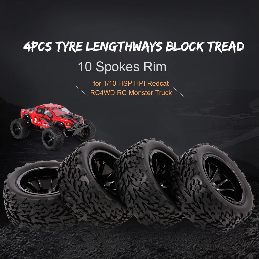 

4PCS 1/10 RC Off-road Tyre Lengthways Block Tread Pattern 10 Spokes Rim for 1/10 HSP HPI Redcat RC4WD RC Monster Truck Parts