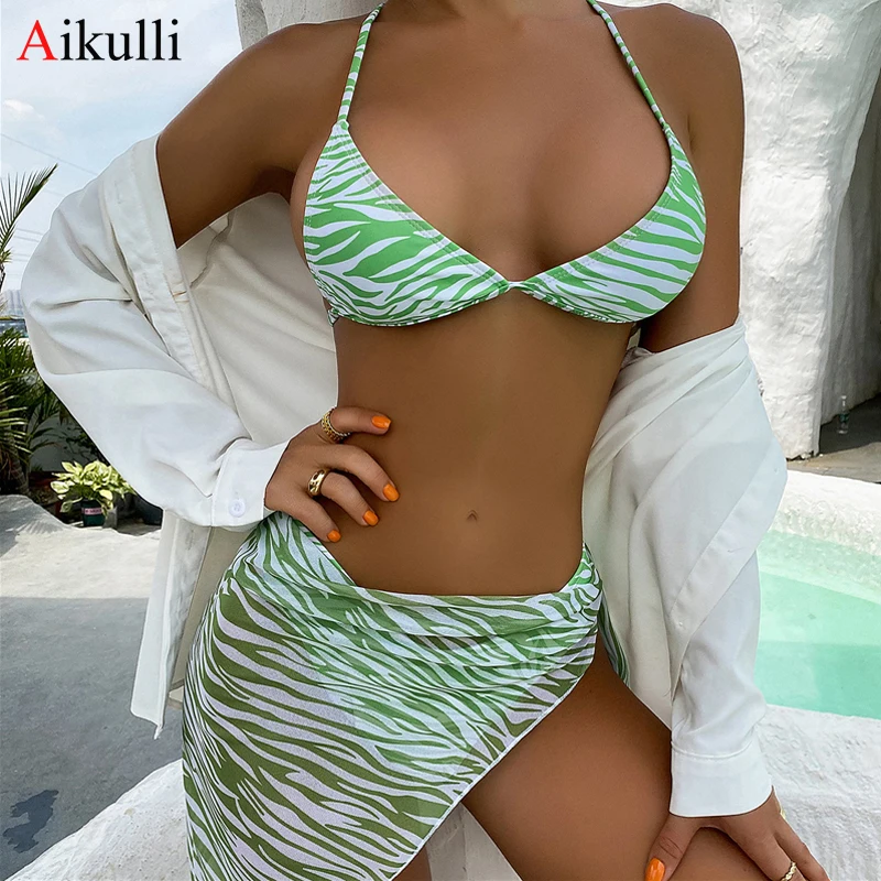 Сексуальные Зеленые комплекты бикини с принтом зебры купальник женский из трех
