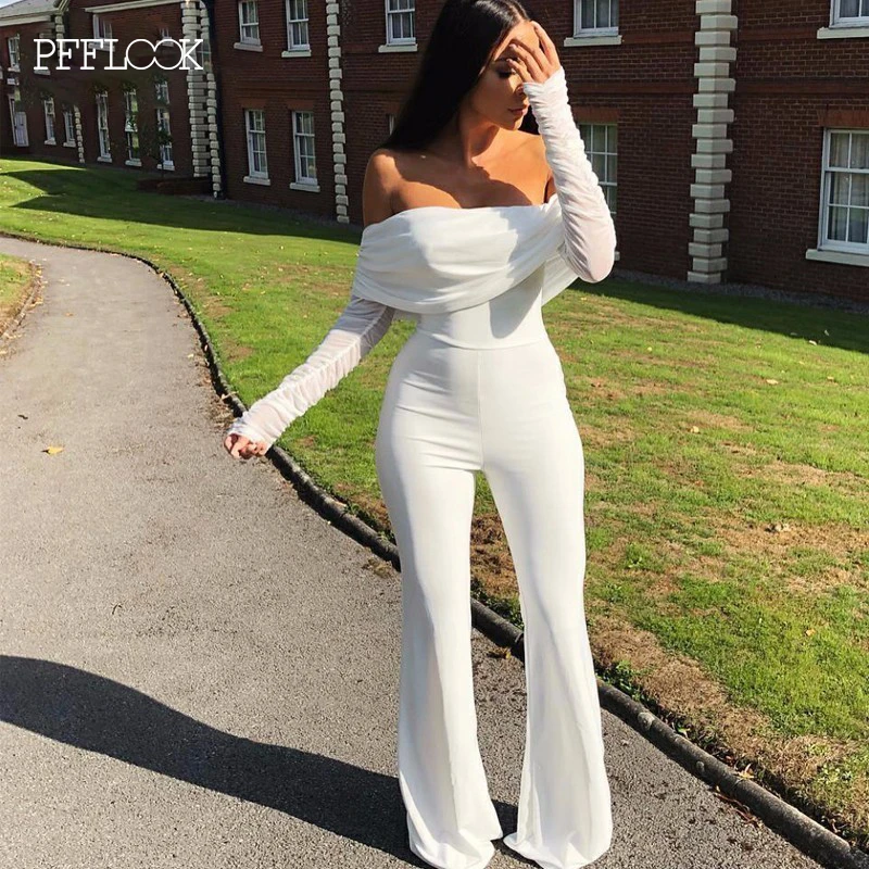 Пикантные комбинезоны PFFLOOK с открытыми плечами однотонные длинным рукавом и