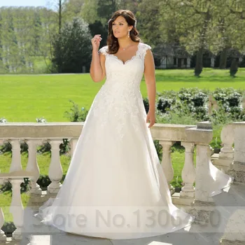 

Plus Size Custom Made Wedding Dress For Women Sexy V Neck Cap Sleeve Appliques Button Back Bride Dress vestido de noiva 2019