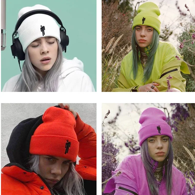 Зимняя вязаная шапка Billie Eilish Beanies, вязаная шапка для женщин и мужчин в стиле хип-хоп, Повседневные вязаные шапки, шапка бини для осени зимы, женская шапка