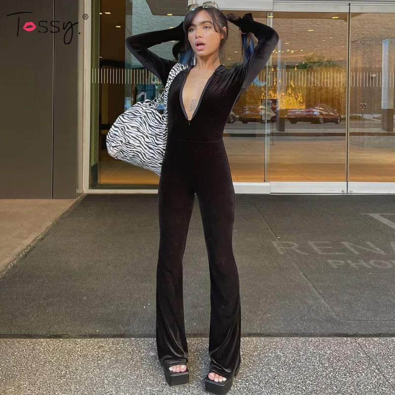 Tossy Black Corduroy Bodycon Hooded Jumpsuit Women Autumn New Long Sleeve V-Neck Outfits Female Overalls Fitness 2021 New 2021 new women jumpsuits rompers summer casual print v neck pocket overalls jumpsuit short sleeve wide leg loose jumpsuit