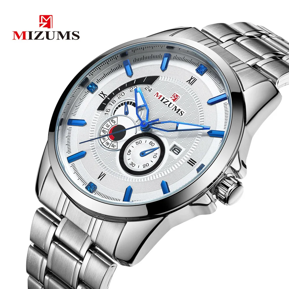 

Mizums Watches Iced Out Diamond Men Quartz Watch Silver Stainless Band Mens Wristwatch Male Date Waterproof Clocks reloj hombre