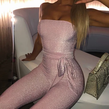 

Articat Off Shoulder Sexy Sparkle Jumpsuit Women Pink Bodycon Bandage Long Pants Glitter Backless Party Rompers Womens Jumpsuits