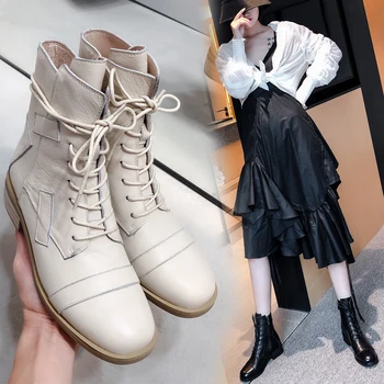 

women's boots Inside and outside leather patch beggar boots European and American shoes woman retro military winter boots