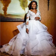 Роскошное Африканское свадебное платье с оборками бальное платье с длинным рукавом Кружева Плюс Размер Свадебные платья