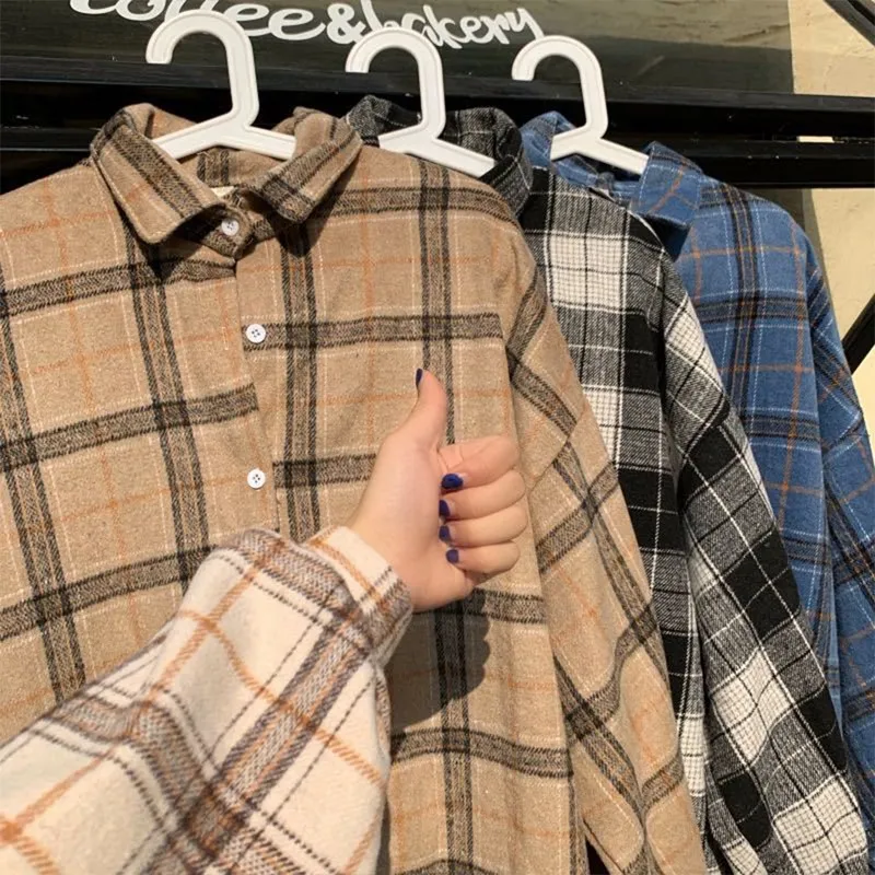 Muyogrt Women Shirt Plaid Oversized Brown Top Turn-down Collar Leisure Fashion Loose All-match Long Sleeves Soft Chic Korean Top