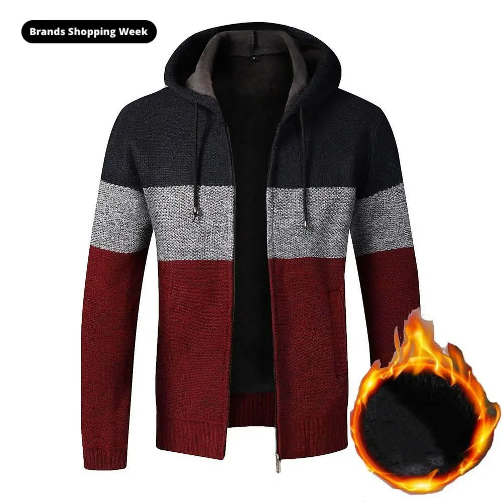 FALIZA Mens Sweater Coat Thick Warm Zipper Wool Hooded Cardigan Jumpers Men Striped Coat Long Sleeve Knitted Wool Sweaters XY106 FALIZA Mens Sweater Coat Thick Warm Zipper Wool Hooded Cardigan Jumpers Men Striped Coat Long Sleeve Knitted Wool Sweaters XY106