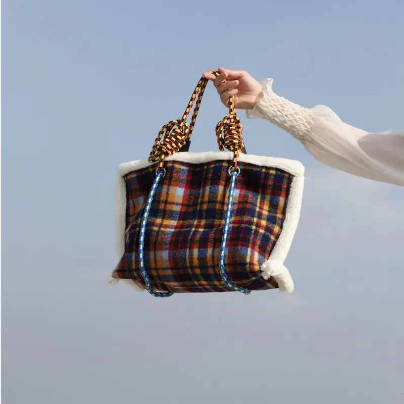 Women Bag Autumn Winter Designer Wool Vintage Plaid Casual Tote