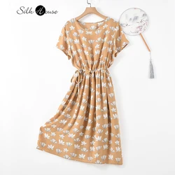 Vestido literario de seda con cierre de cintura para mujer, prenda de seda Mulberry ajustada con cordón, estampado de temperamento, a la moda, novedad de verano 2021