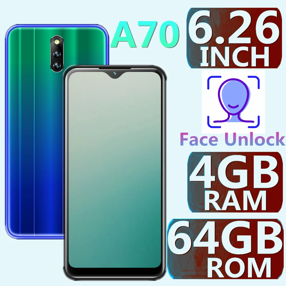 

Original A70 Android Cellphones 4GRAM+64GROM Face Recognition celular 19:9 cheap mobile phones unlocked Smartphones