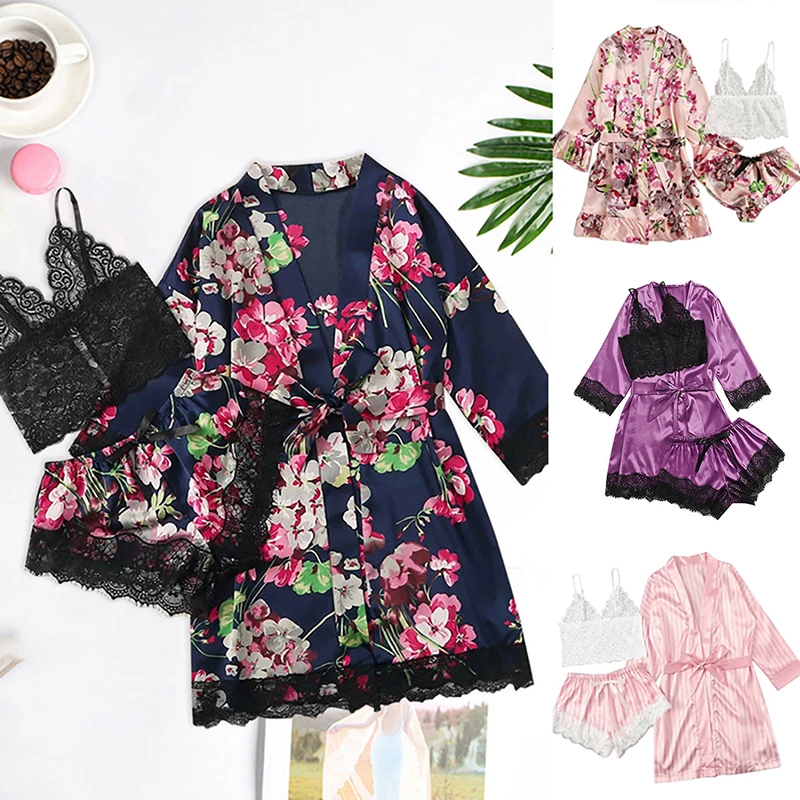 

Long sleeve Womens Pajamas Sexy Lace Lingerie Nightwear Underwear Sleepwear 3PC Suit Pajama Sets For Women