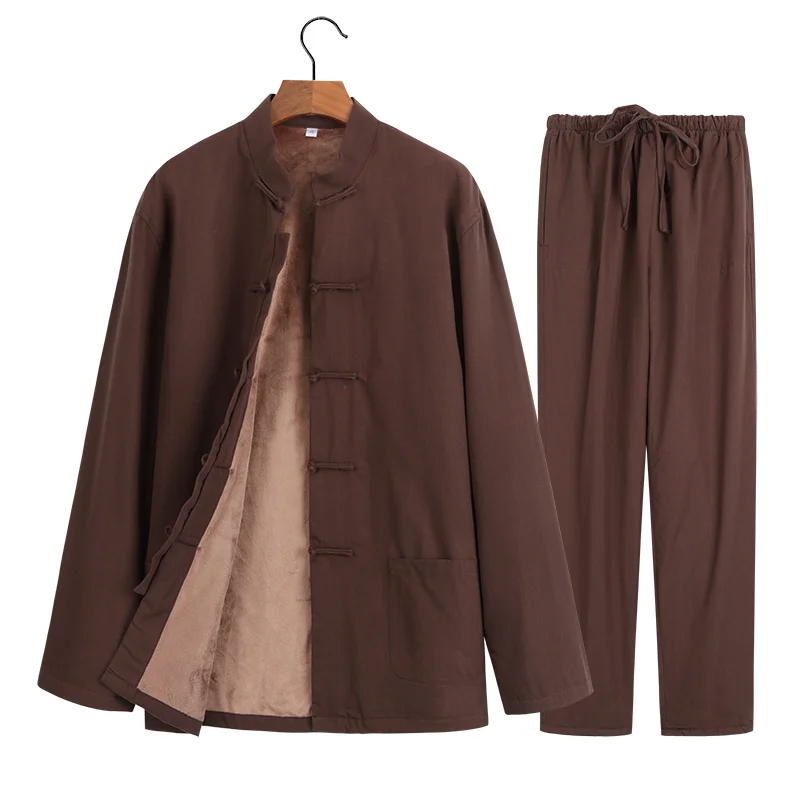 Chinese tunic suit New Year man Tang costume Han clothing men's linen warm cotton coats plus velvet thick casual two-piece suit