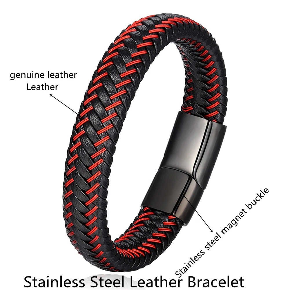 Leather Rope Bracelet Stainless Steel Leather Braided Bracelet Leather Bracelet Red Bracelet Men's Leather Jewelry - Image 6