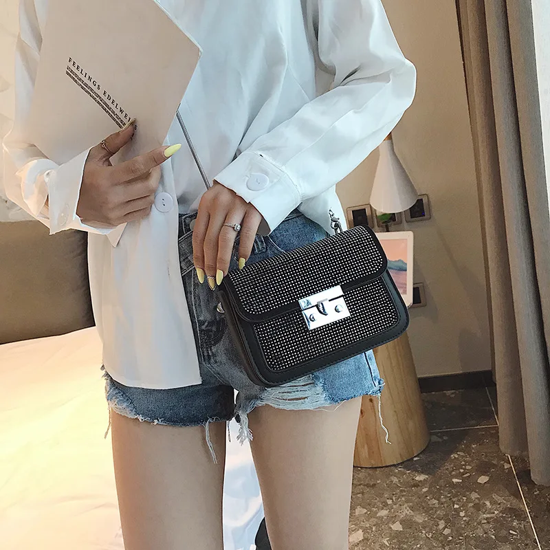

JIULIN Female 2019 New Diamond Chain Lock Button Small Square Pack Lock Button Single Shoulder bags