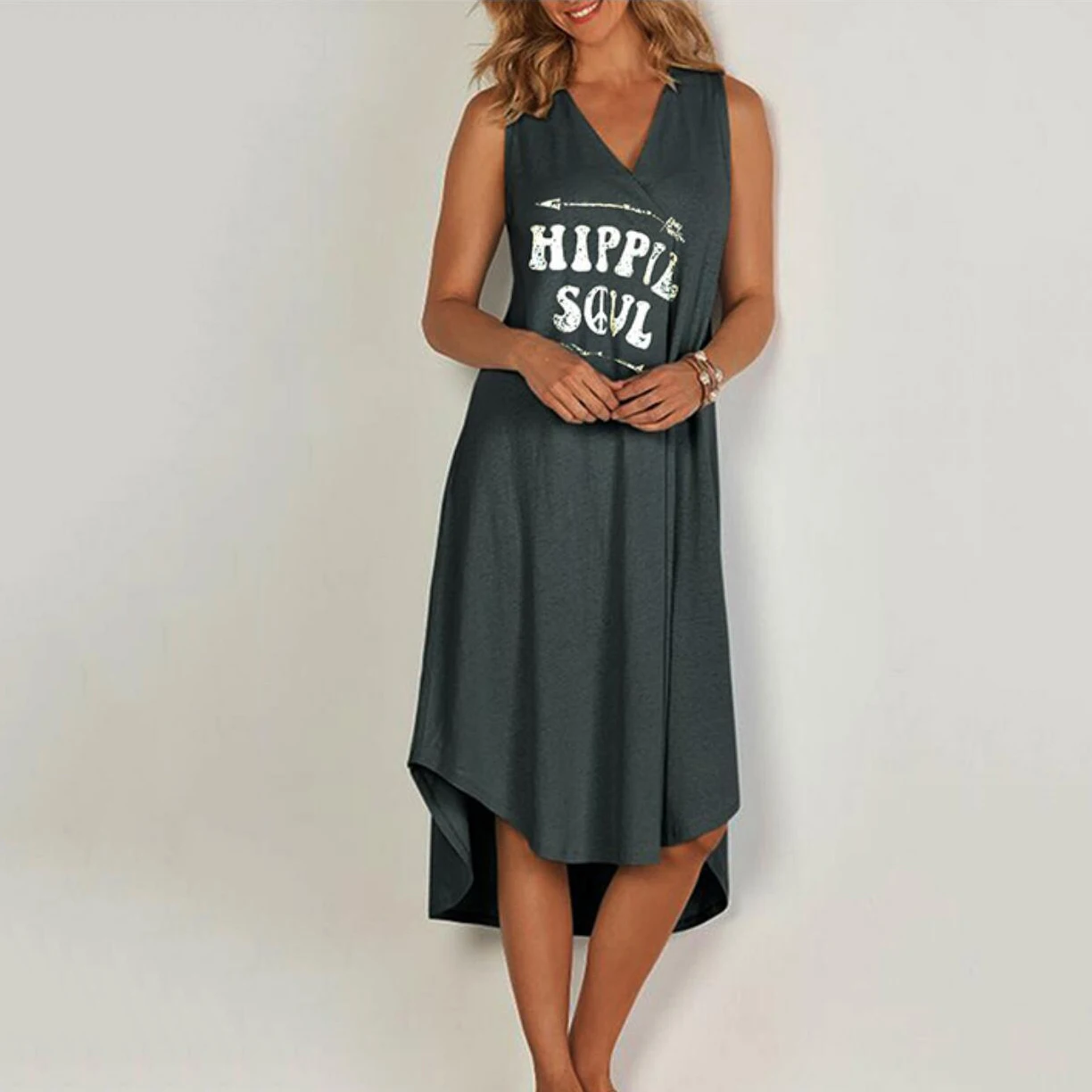 

Summer Dresses For Women Letter Printing Casual Vestidos Long V-neck Sleeveless Vest Woman Bohe Fashion Beach Dress