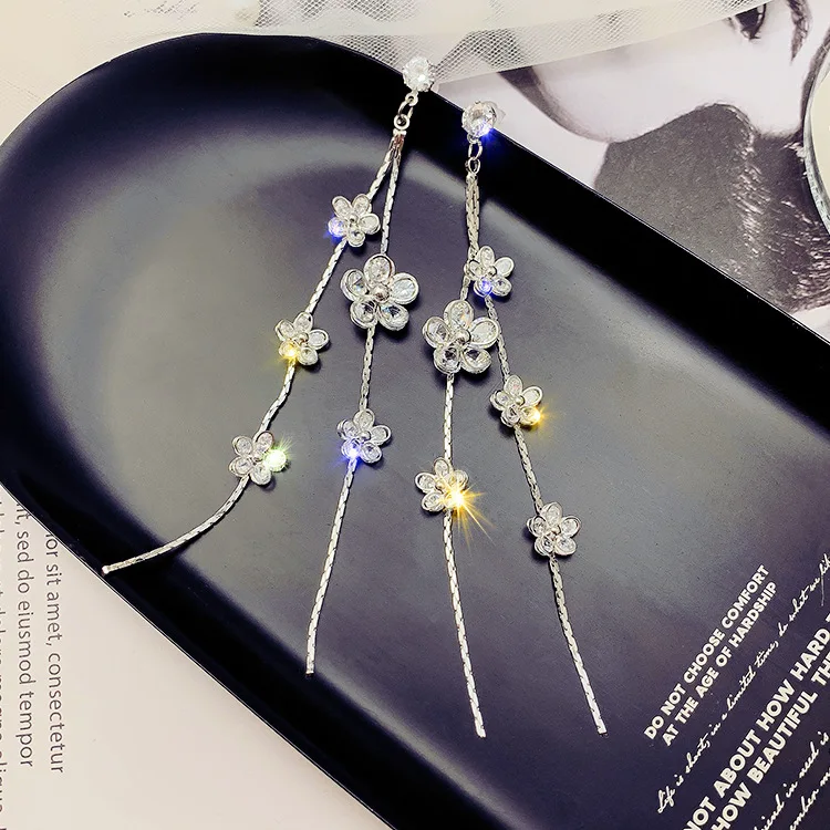 Корея Горячие Модные ювелирные изделия роскошные серебряные цветок Кристалл Циркон Длинные серьги с подвесками тонкие серьги для женщин подарок