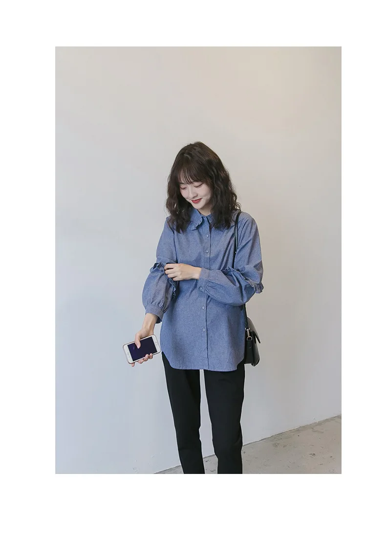 Maternity Long Sleeve Solid Color Cowboy Blouse Elegant SpringAutumn Pregnant Women Loose Shirts Single-Breasted Pregnancy Tops