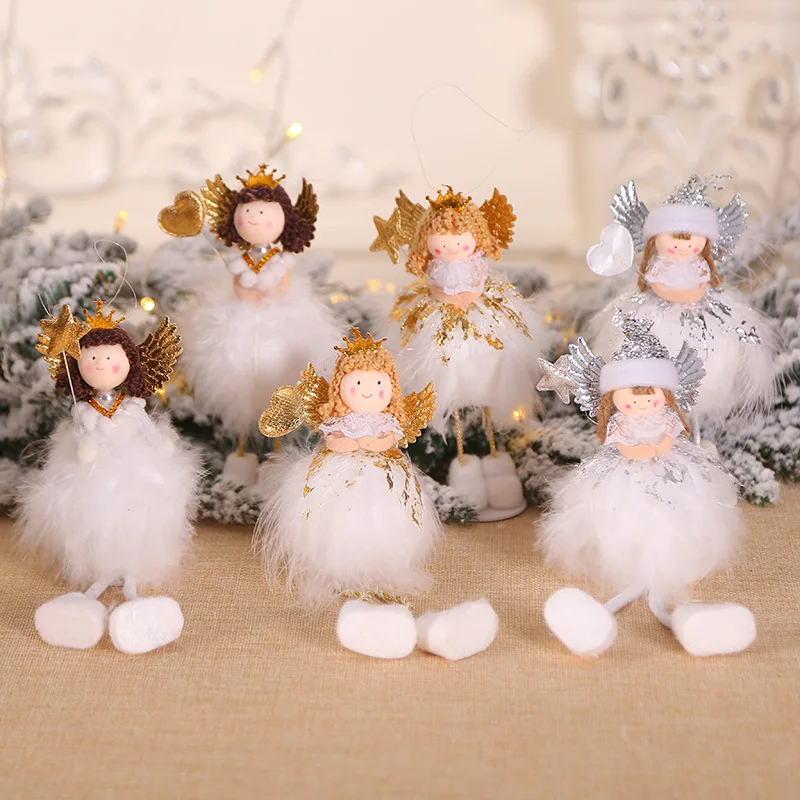 

Cute Gold Silver Feather Angel Plush Doll Christmas Desktop Decoration Christmas Tree Pendant Window Display Ornaments Xmas Gift