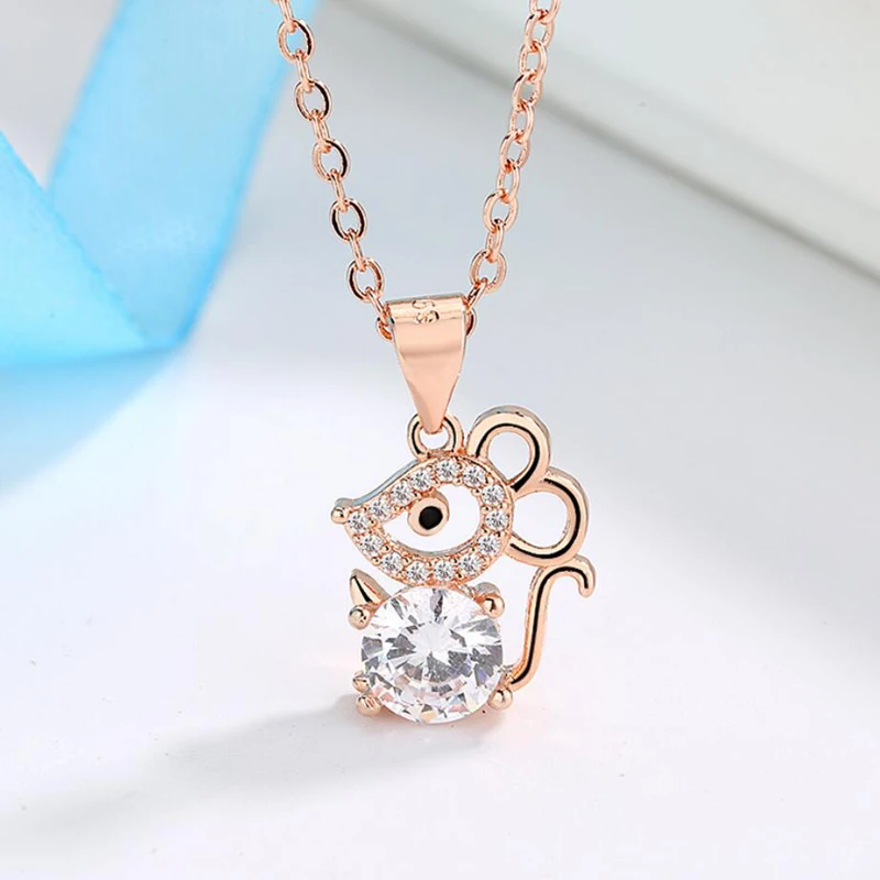 Hot Sale 925 Sterling Silver Necklace For Women Jewelry Trendy Mouse Rose Gold Zircon Pendant Necklace Female New Year Gift