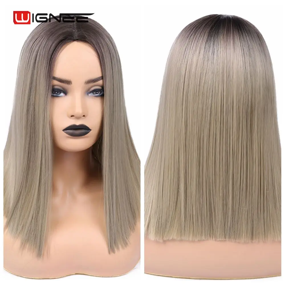 WigneeGBA18075 Wignee 2 тона Омбре коричневый пепельный блонд синтетический парик для женщин средняя часть короткие прямые волосы высокая температура косплей волосы парики - Цвет: WigneeGBA18075
