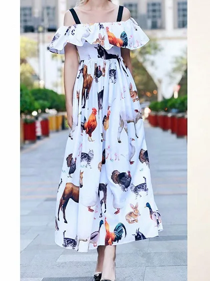 

Summer Female Elegant Dress with Animals Printing Maxi Long Dress with Sling Clothing for Party Dress Female Jurken