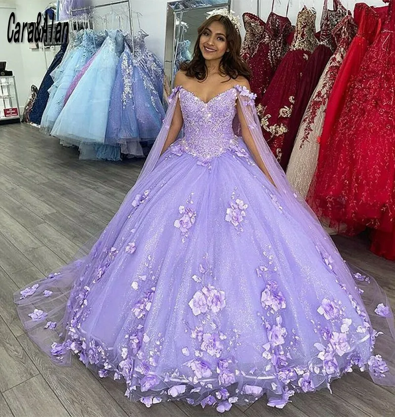 Cara & Alan-vestidos quinceañera morados claros, con capa, apliques florales 3D, Charro, 15 Años, 2021, 16 vestidos De graduación - AliExpress Bodas y eventos