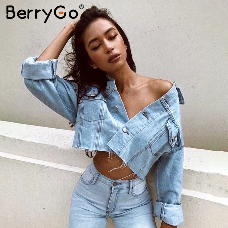 BerryGo винтажные женские джинсовые рваные куртки повседневная синяя джинсовая