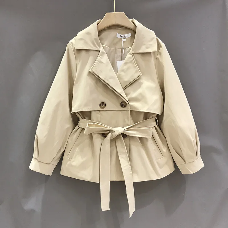 

Spring 2020 Plus size Women Short Lacing Khaki Trench Double breasted Casual Cortaviento mujer Elegant Fashion Windbreaker coat