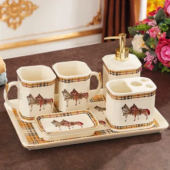 

Bathroom Accessories Set Ceramic Soap Dispenser Toothbrush Holder Gargle Cup Soap Dish With Tray Wedding Gifts Bathroom Product