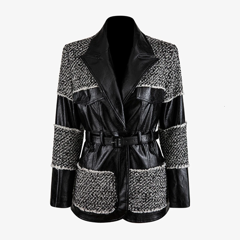 black TWOTWINSTYLE шерстяное пальто из искусственной кожи в стиле пэчворк женские куртки с воротником с лацканами и длинным рукавом с высокой талией на шнуровке - Цвет: black