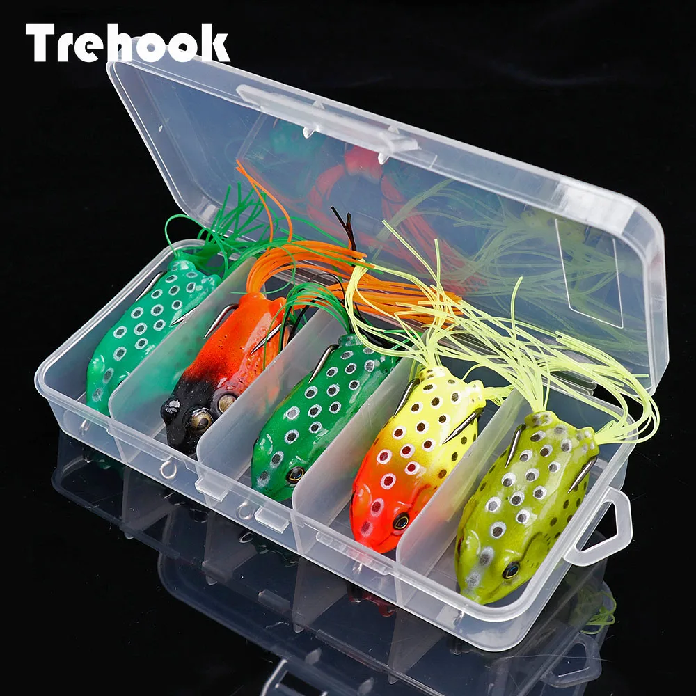TREHOOK 5pcsBox Ray Frog TopWater Wobblers Pike Fishing Lures Set Of Soft Lure Shad Artificial Bait Silicone Frog For Fishing 01