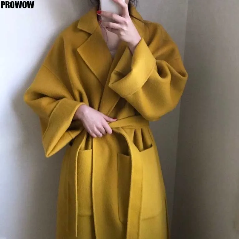 

Elegant Winter Wool Overcoat Women Yellow Plus Size Outwear With Pocket Turn Down Collar Loose Long Bandage Woolen Coat Cardigan