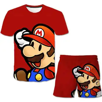 

2020 Mario cartoon Baby Girls Boys Kids Summer hot sale polyester Clothes Short Sleeve T-shirt +Shorts Outfits Set 4-14 year old