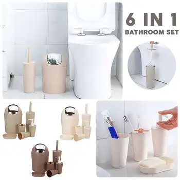 

6 in 1 Bathroom Accessory Sets Toothbrush Holder Soap Dish Toilet Brush Trash Can Mouthwash Cup Hand Sanitizer Bottlt