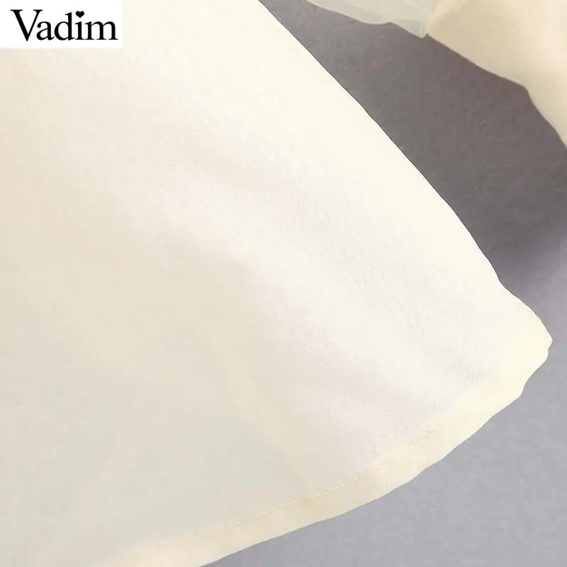 Vadim women elegant organze beige blouse transparent style bow tie collar lantern sleeve female see through tops blusas LB542