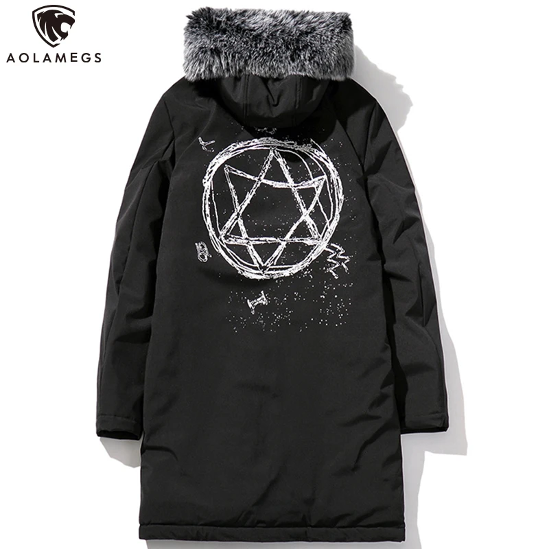 Aolamegs Winter Jacket Men Back Funny Print Hooded Down Jacket Warm Cotton Padded Fur Collar Cargo Parka Drawstring Winter Coat
