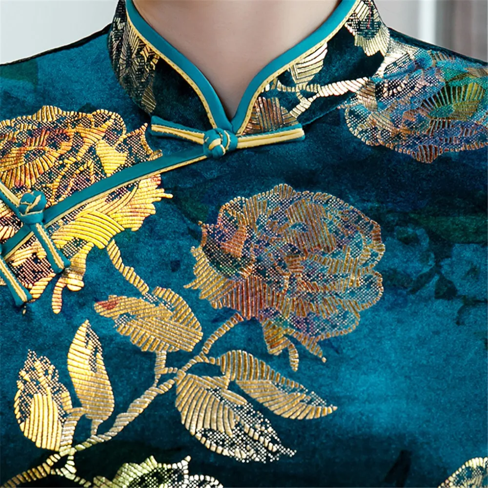 Шанхай история Половина рукава китайское традиционное платье Cheongsam Цветочная вышивка бархат Qipao китайское женское платье 3 цвета