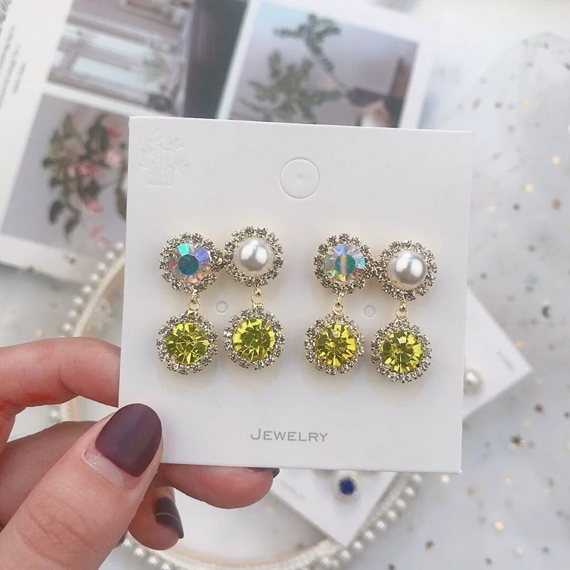 MENGJIQIAO корейский роскошный Bling Красочные Стразы Капли серьги для женщин элегантные Кристальные вечерние Pendientes ювелирные изделия