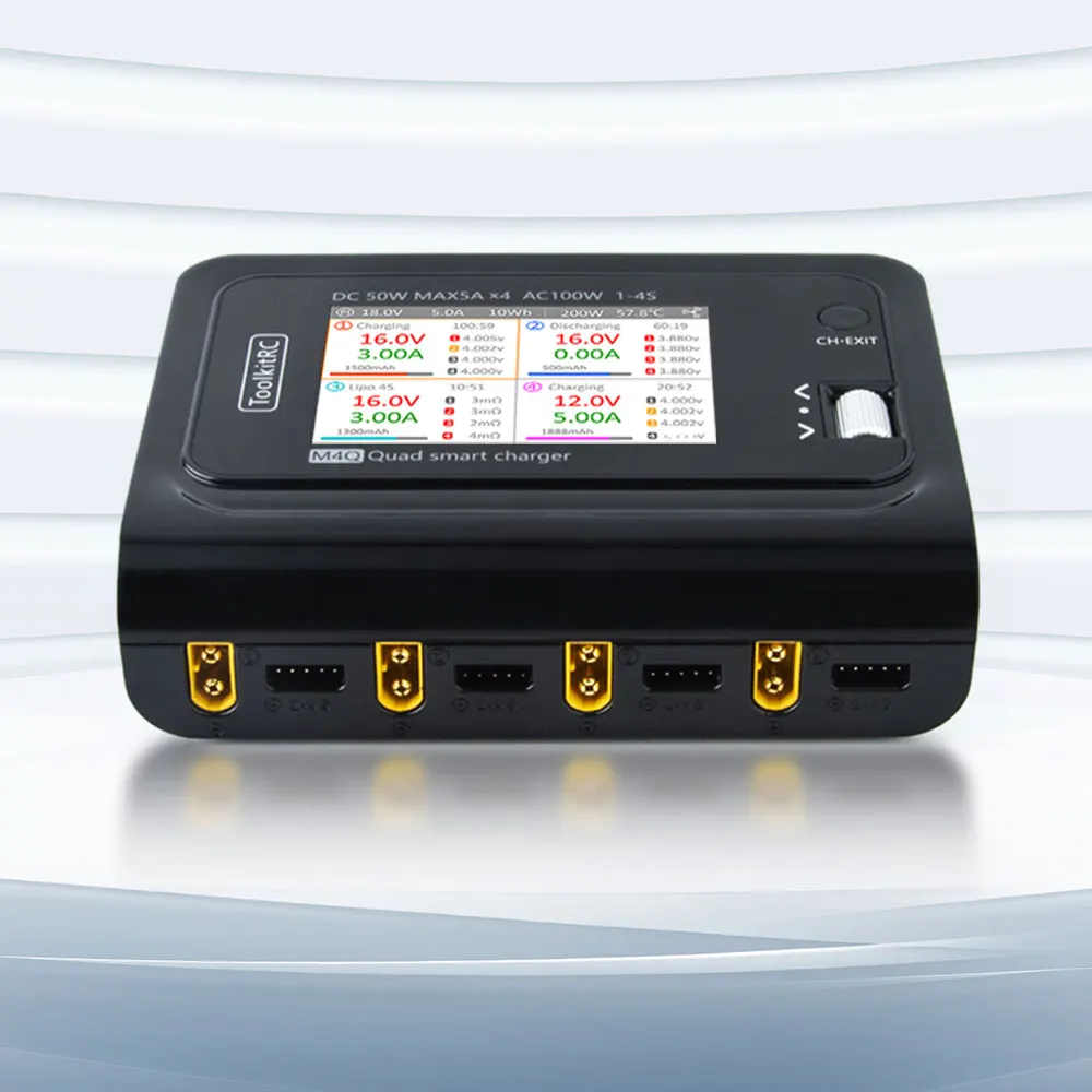 In Stock ToolkitRC M4Q 4x50w 5A 1-4S AC 100W 4 Ports XT60 XT30 DC Smart Charger 3.5 inch IPS Color Screen 32 bits Smart Charger