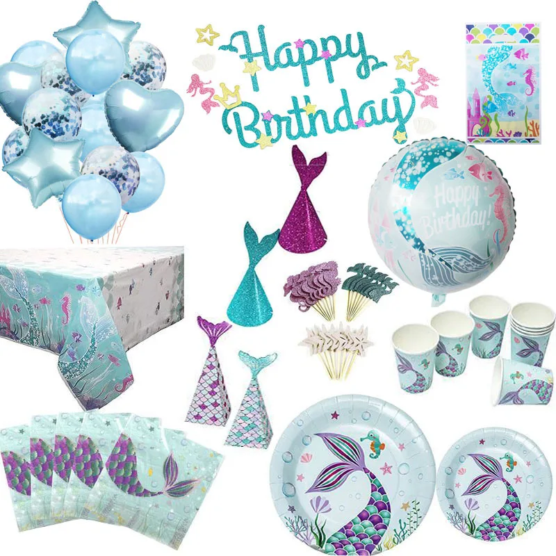 Mermaid Theme Happy Birthday Banner Flag One 1st Girl Party Supplies Little Decor | Дом и сад