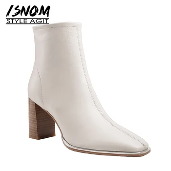 

ISNOM New Genuine Leather Ankle Boots Women Thick High Heels Booties Square Toe Shoes Female Zip Ladies Party Shoes Winter Boots