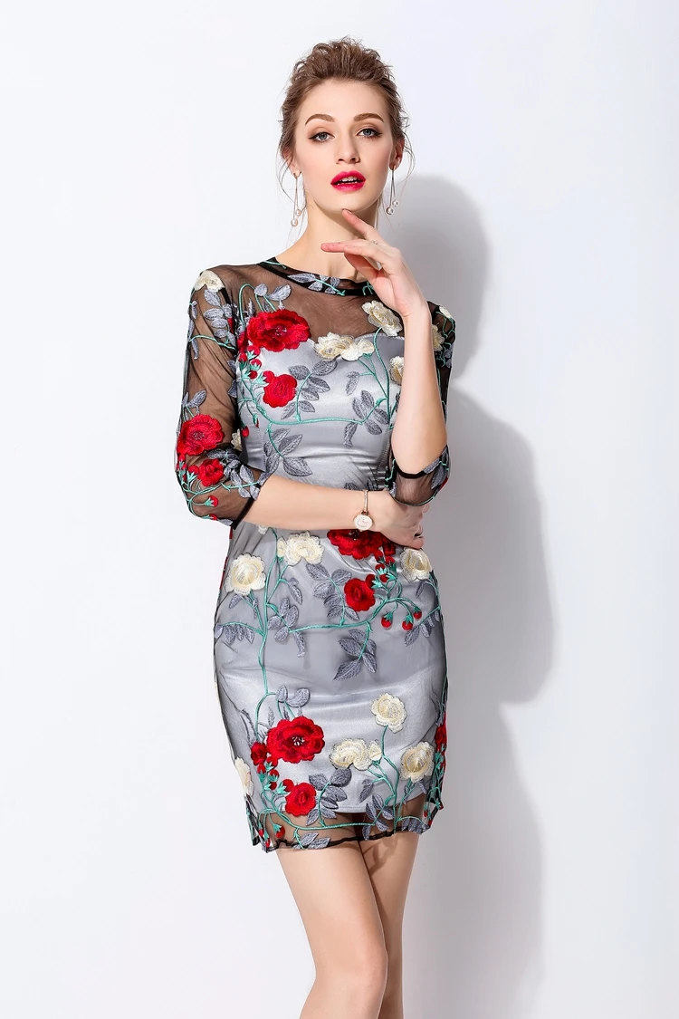 Vestidos De Festa, весенние модные вечерние коктейльные женские сексуальные платья с круглым вырезом и вышивкой из прозрачной сетки, облегающее платье с рукавом 3/4