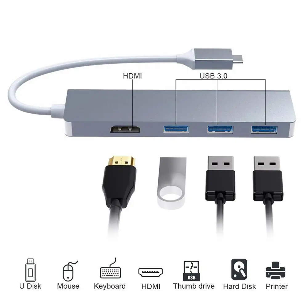 Изысканный дизайн USB-C концентратор type-C адаптер для HDMI 3 USB 3,0 Портативный Алюминиевый USB C Ключ серый