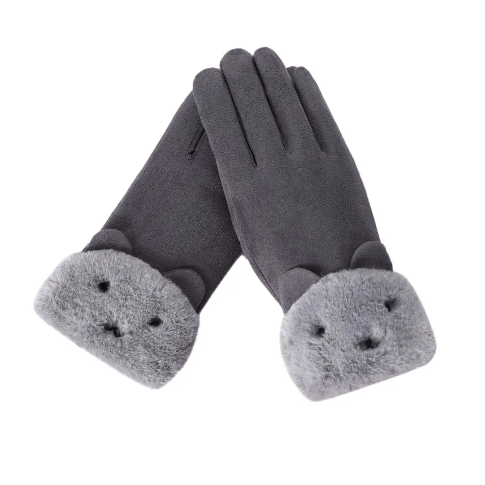 Новые модные женские перчатки осень зима милые пушистые теплые женские перчатки осень и зимний ветрозащитный Теплый плюс бархатные перчатки - Цвет: Gray