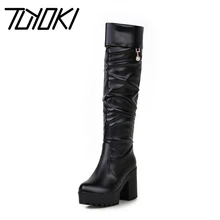 Tuyoki/женские ботфорты на высоком квадратном каблуке; зимние теплые модные сапоги в британском стиле; высокие сапоги; пикантная обувь; размер 34-39