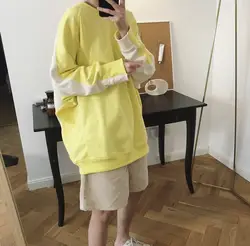 2019 Весенний новый стиль, Южная Корея, шикарный свежий желтый пуловер с капюшоном, большие размеры, контрастные цвета, свободные топы