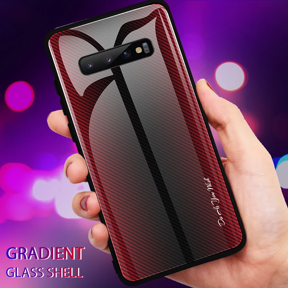 

For Samsung Galaxy S10 5G S10 Plus S10e S9 Plus Note 9 8 Texture Gradient Case Silicone frame Tempered Glass Hard Phone Cover