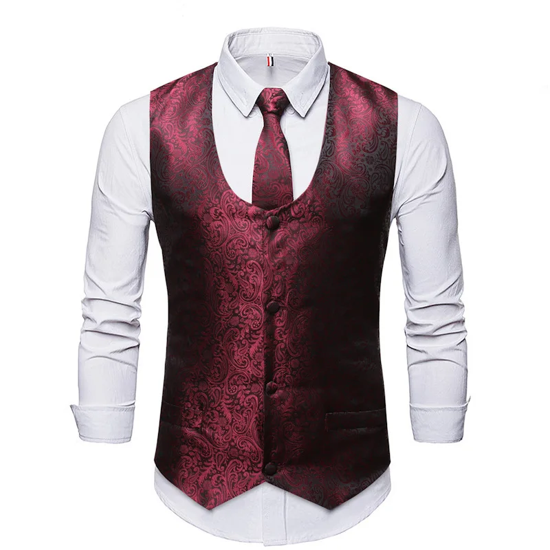Mens Paisley Suit Vest+Tie+Pocket Square 3pcs Set Sleeveless Floral Wedding Vest U Neck Men Vest Party Dinner Vest Men Chaleco