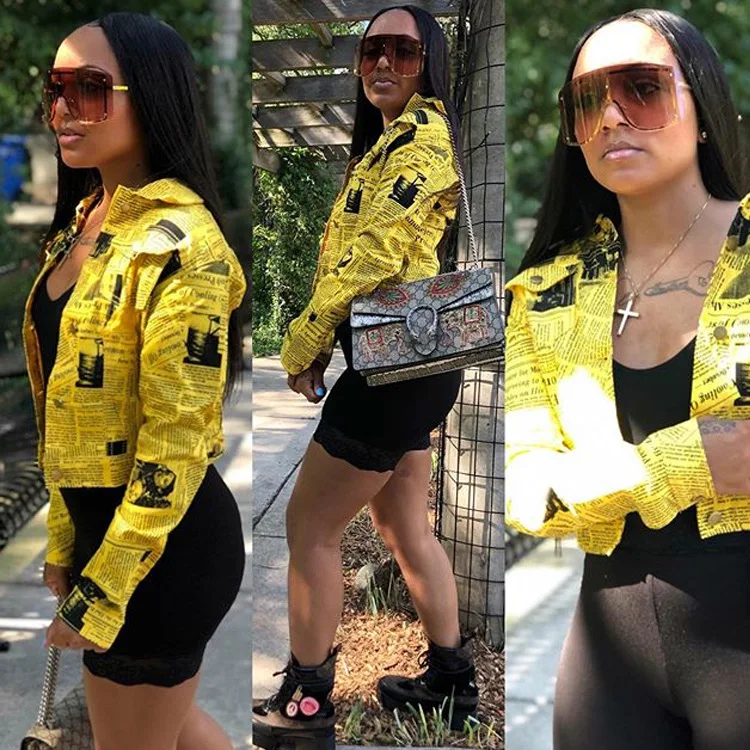 

New tide yellow newspaper print short jackets for women full sleeve tops high street fashion slim jackets MDF0679